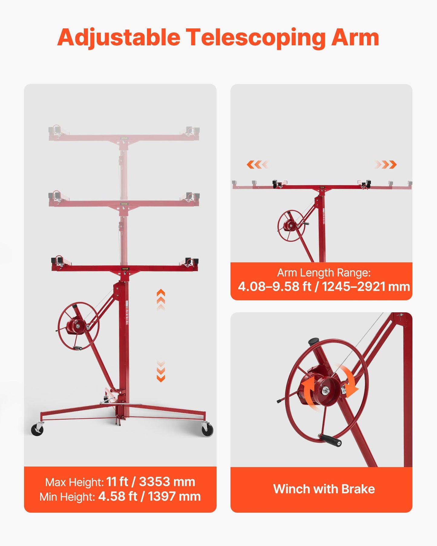 11ft Drywall Lift, Heavy-Duty 150 lbs Sheetrock Hoist with Adjustable Telescoping Arm, Lockable Wheels, Drywall Lifter Panel Jack Hoist Tools Ideal for Ceiling & Wall Installation (Red)