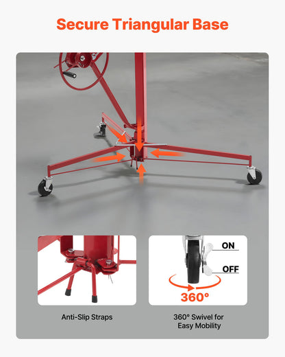 11ft Drywall Lift, Heavy-Duty 150 lbs Sheetrock Hoist with Adjustable Telescoping Arm, Lockable Wheels, Drywall Lifter Panel Jack Hoist Tools Ideal for Ceiling & Wall Installation (Red)
