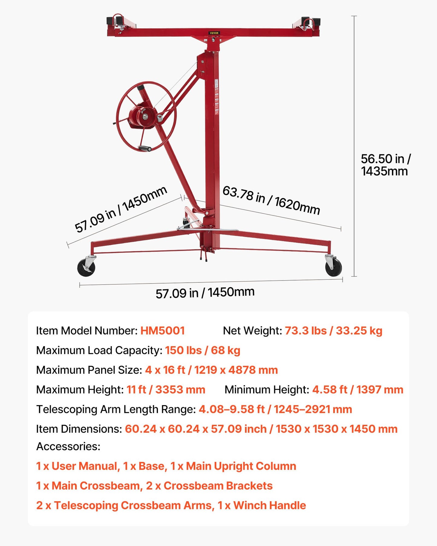 11ft Drywall Lift, Heavy-Duty 150 lbs Sheetrock Hoist with Adjustable Telescoping Arm, Lockable Wheels, Drywall Lifter Panel Jack Hoist Tools Ideal for Ceiling & Wall Installation (Red)
