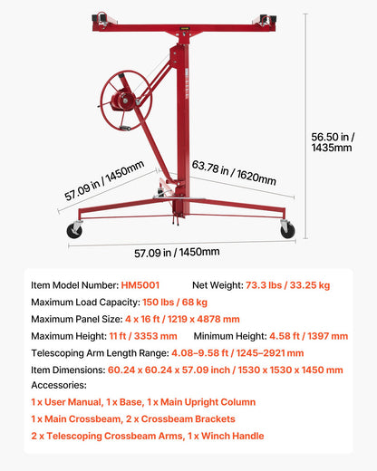 11ft Drywall Lift, Heavy-Duty 150 lbs Sheetrock Hoist with Adjustable Telescoping Arm, Lockable Wheels, Drywall Lifter Panel Jack Hoist Tools Ideal for Ceiling & Wall Installation (Red)