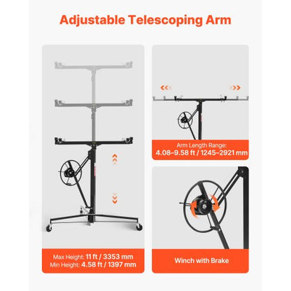 3353 mm gipslyft, kraftig 68 kg gipskivotlyft med justerbar teleskoparm, låsbara hjul, gipslyft, paneldomkraft, lyftverktyg, idealisk för tak- och vägginstallation (svart) |  EU