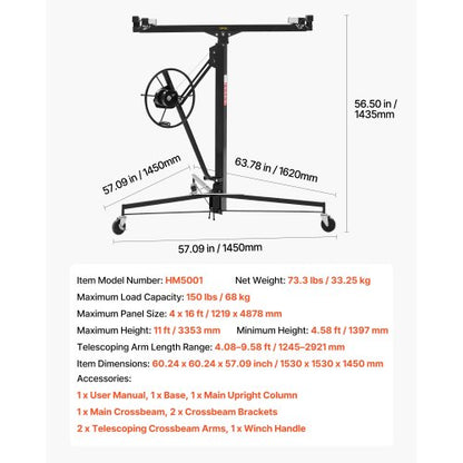 3353 mm gipslyft, kraftig 68 kg gipskivotlyft med justerbar teleskoparm, låsbara hjul, gipslyft, paneldomkraft, lyftverktyg, idealisk för tak- och vägginstallation (svart) |  EU