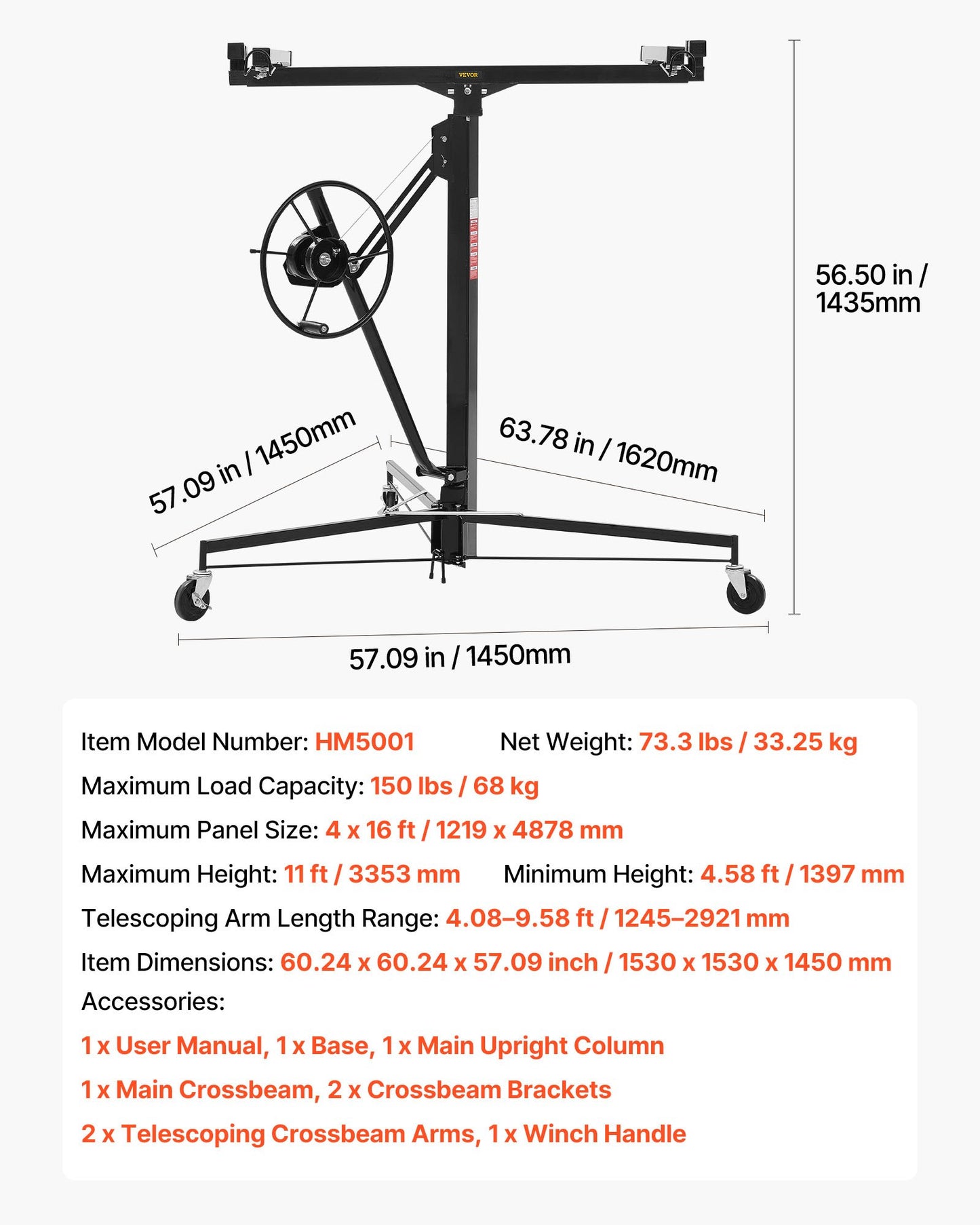 11ft Drywall Lift, Heavy-Duty 150 lbs Sheetrock Hoist with Adjustable Telescoping Arm, Lockable Wheels, Drywall Lifter Panel Jack Hoist Tools Ideal for Ceiling & Wall Installation (Black)