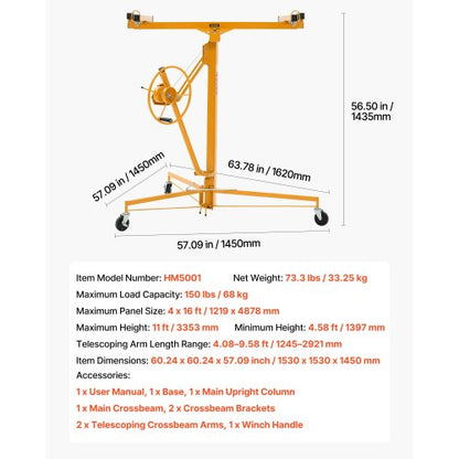 3353 mm gipslyft, kraftig 68 kg gipskivotlyft med justerbar teleskoparm, låsbara hjul, gipslyft, paneldomkraft, lyftverktyg, idealisk för tak- och vägginstallation (gul) |  EU