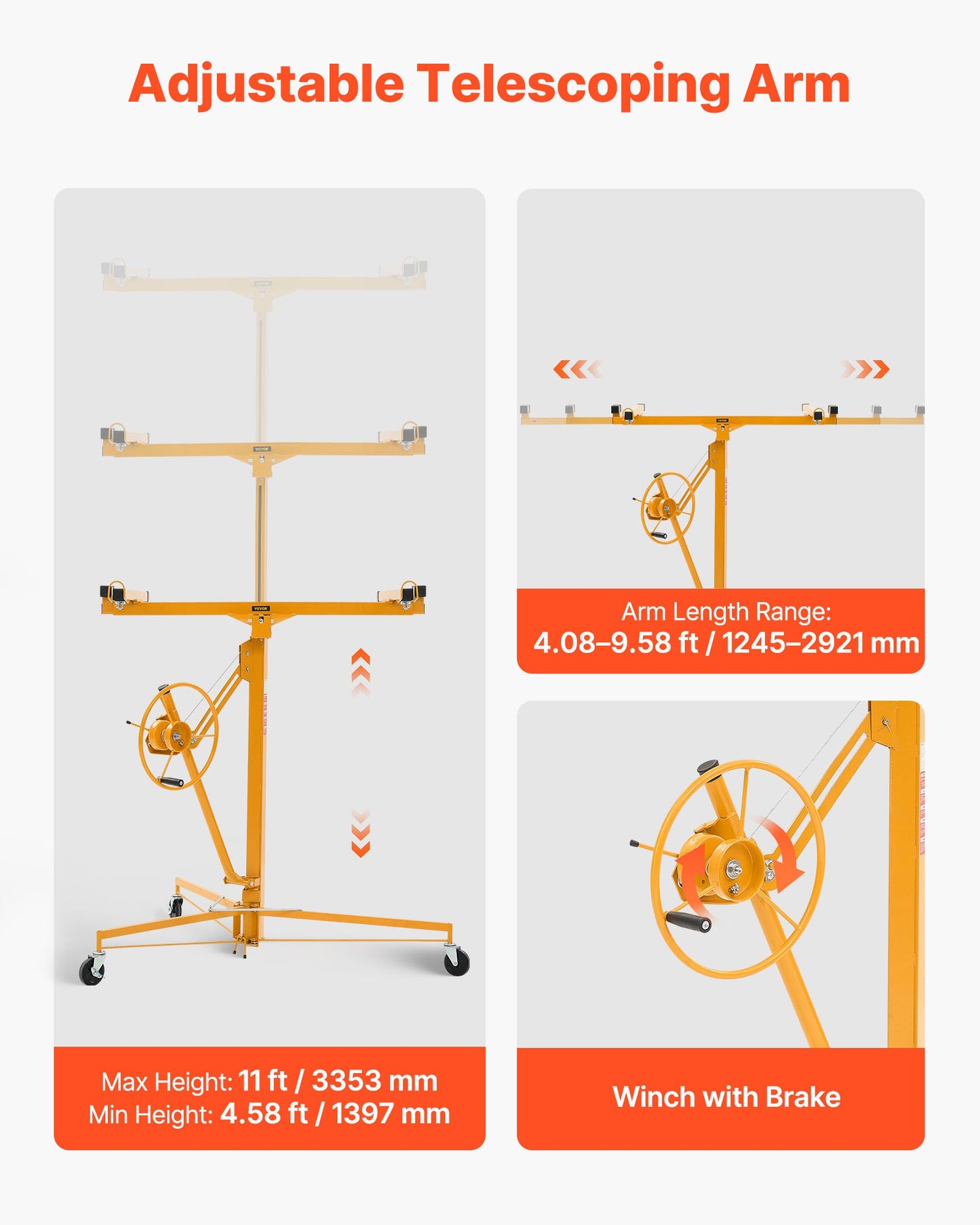 11ft Drywall Lift, Heavy-Duty 150 lbs Sheetrock Hoist with Adjustable Telescoping Arm, Lockable Wheels, Drywall Lifter Panel Jack Hoist Tools Ideal for Ceiling & Wall Installation (Yellow)