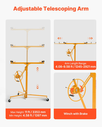 11ft Drywall Lift, Heavy-Duty 150 lbs Sheetrock Hoist with Adjustable Telescoping Arm, Lockable Wheels, Drywall Lifter Panel Jack Hoist Tools Ideal for Ceiling & Wall Installation (Yellow)