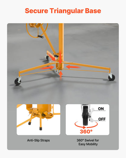 11ft Drywall Lift, Heavy-Duty 150 lbs Sheetrock Hoist with Adjustable Telescoping Arm, Lockable Wheels, Drywall Lifter Panel Jack Hoist Tools Ideal for Ceiling & Wall Installation (Yellow)