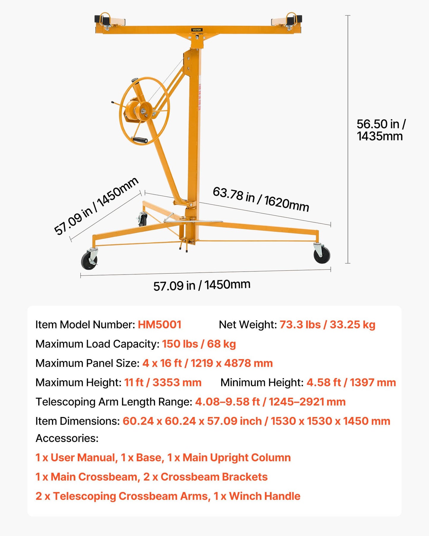 11ft Drywall Lift, Heavy-Duty 150 lbs Sheetrock Hoist with Adjustable Telescoping Arm, Lockable Wheels, Drywall Lifter Panel Jack Hoist Tools Ideal for Ceiling & Wall Installation (Yellow)
