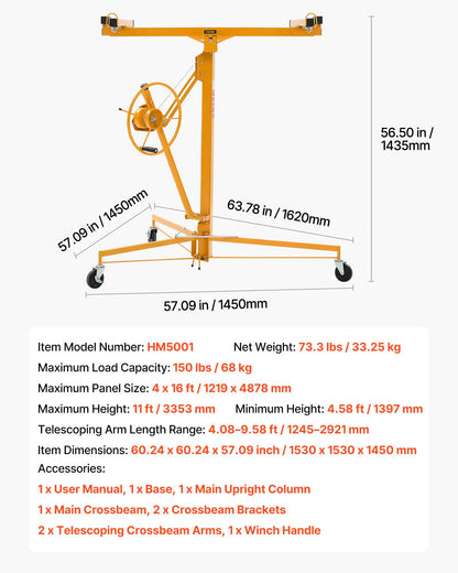 11ft Drywall Lift, Heavy-Duty 150 lbs Sheetrock Hoist with Adjustable Telescoping Arm, Lockable Wheels, Drywall Lifter Panel Jack Hoist Tools Ideal for Ceiling & Wall Installation (Yellow)