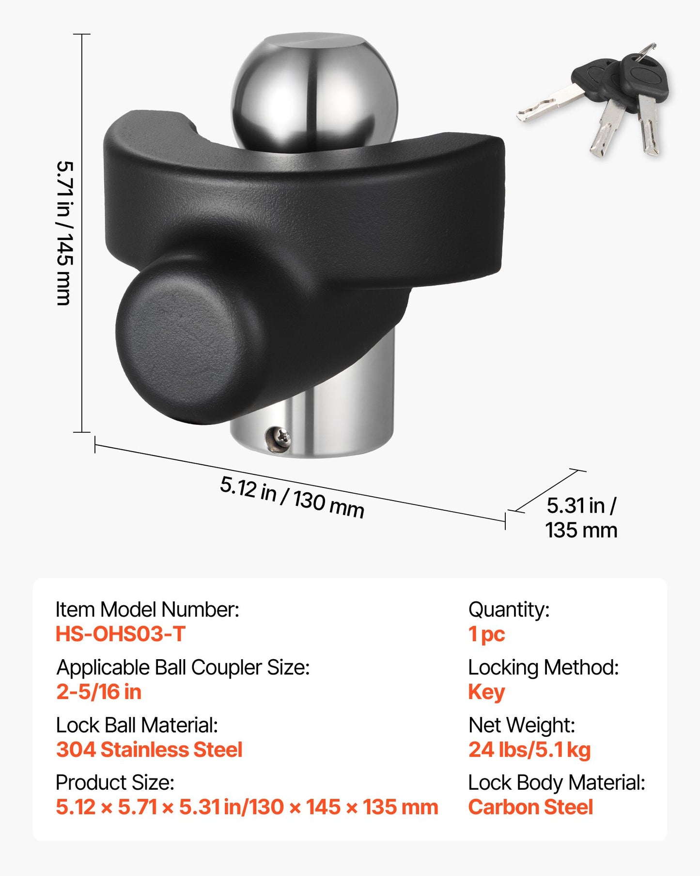 Trailer Hitch Lock, Compatible with 2-5/16 in Couplers, Heavy-Duty Anti-Theft Trailer Ball Lock with 3 Keys, Prying-Resistant & Impact-Resistant, Fits for RVs, Boats, Off-Road Vehicles, Trailers