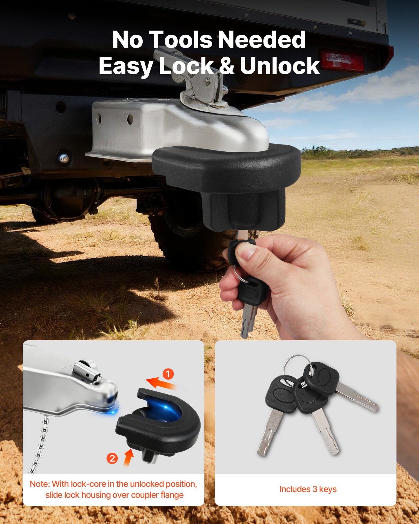 Trailer Hitch Lock, Compatible with 2 Inch Couplers, Heavy-Duty Anti-Theft Trailer Ball Lock with 3 Keys, Prying-Resistant & Impact-Resistant, Fits for RVs, Boats, Off-Road Vehicles, Trailers
