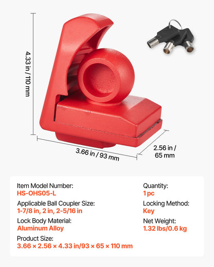 Trailer Hitch Lock, Fits for 1-7/8 in, 2 in, 2-5/16 in Couplers, Heavy-Duty Anti-Theft Trailer Ball Lock with 3 Keys, Prying-Resistant & Impact-Resistant, Fits for RVs, Boats, Trailers, Red