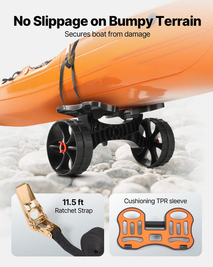 Kayak Cart, 300 lbs Load Capacity, Foldable Kayak Trolley with 10-inch Solid Rubber Tires & 1 Ratchet Strap, Paddle Board Trolley for Carrying Kayaks, Canoes, Paddleboards, Float Mats, Jon Boats