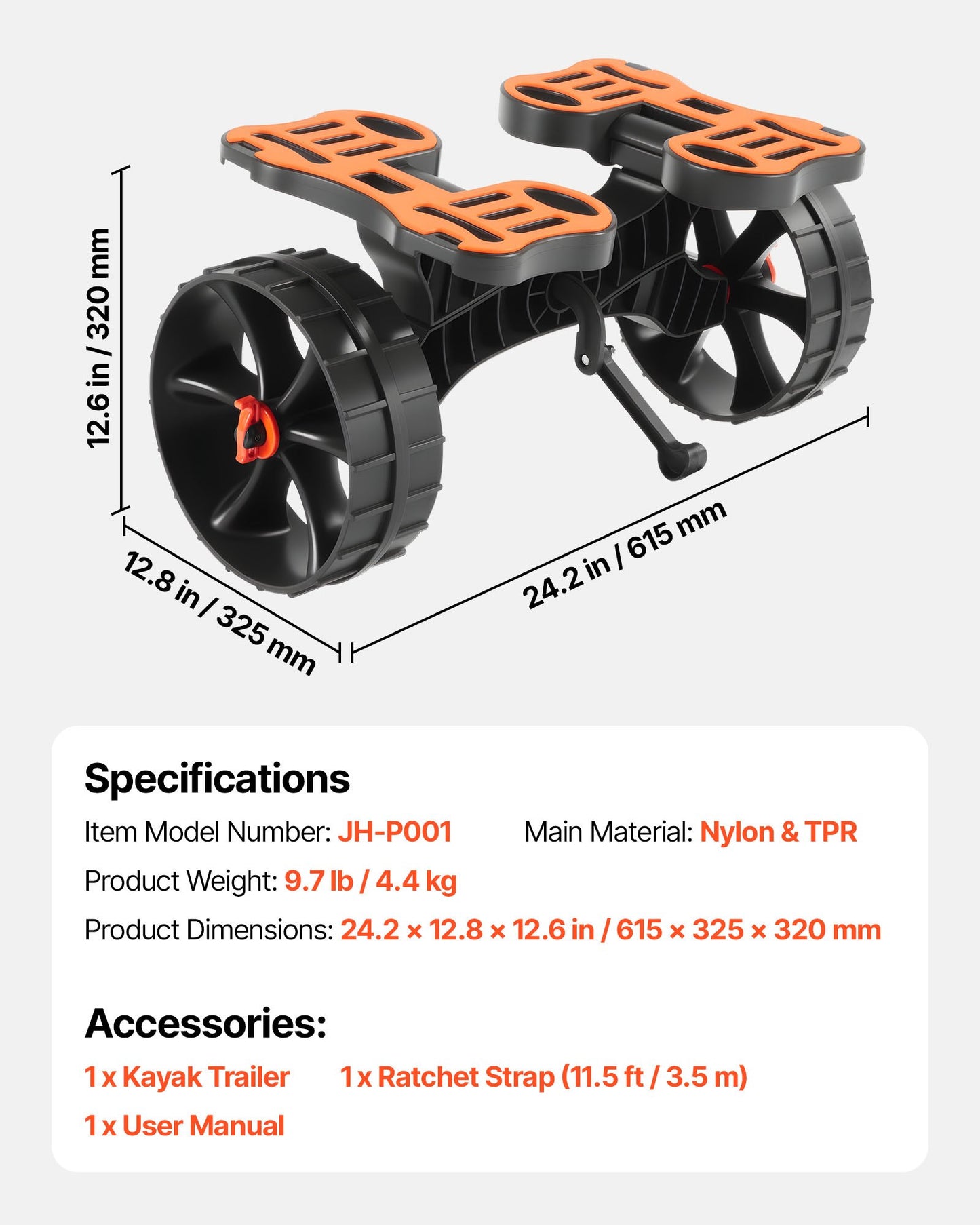 Kayak Cart, 300 lbs Load Capacity, Foldable Kayak Trolley with 10-inch Solid Rubber Tires & 1 Ratchet Strap, Paddle Board Trolley for Carrying Kayaks, Canoes, Paddleboards, Float Mats, Jon Boats