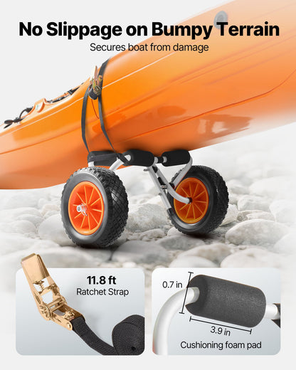 Kayak Cart, 200 lbs Load Capacity, Foldable Kayak Trolley with 10-inch Solid Rubber Tires & 1 Ratchet Strap, Paddle Board Trolley for Carrying Kayaks, Canoes, Paddleboards, Float Mats, Jon Boats