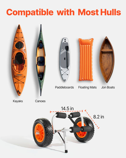 Kayak Cart, 200 lbs Load Capacity, Foldable Kayak Trolley with 10-inch Solid Rubber Tires & 1 Ratchet Strap, Paddle Board Trolley for Carrying Kayaks, Canoes, Paddleboards, Float Mats, Jon Boats