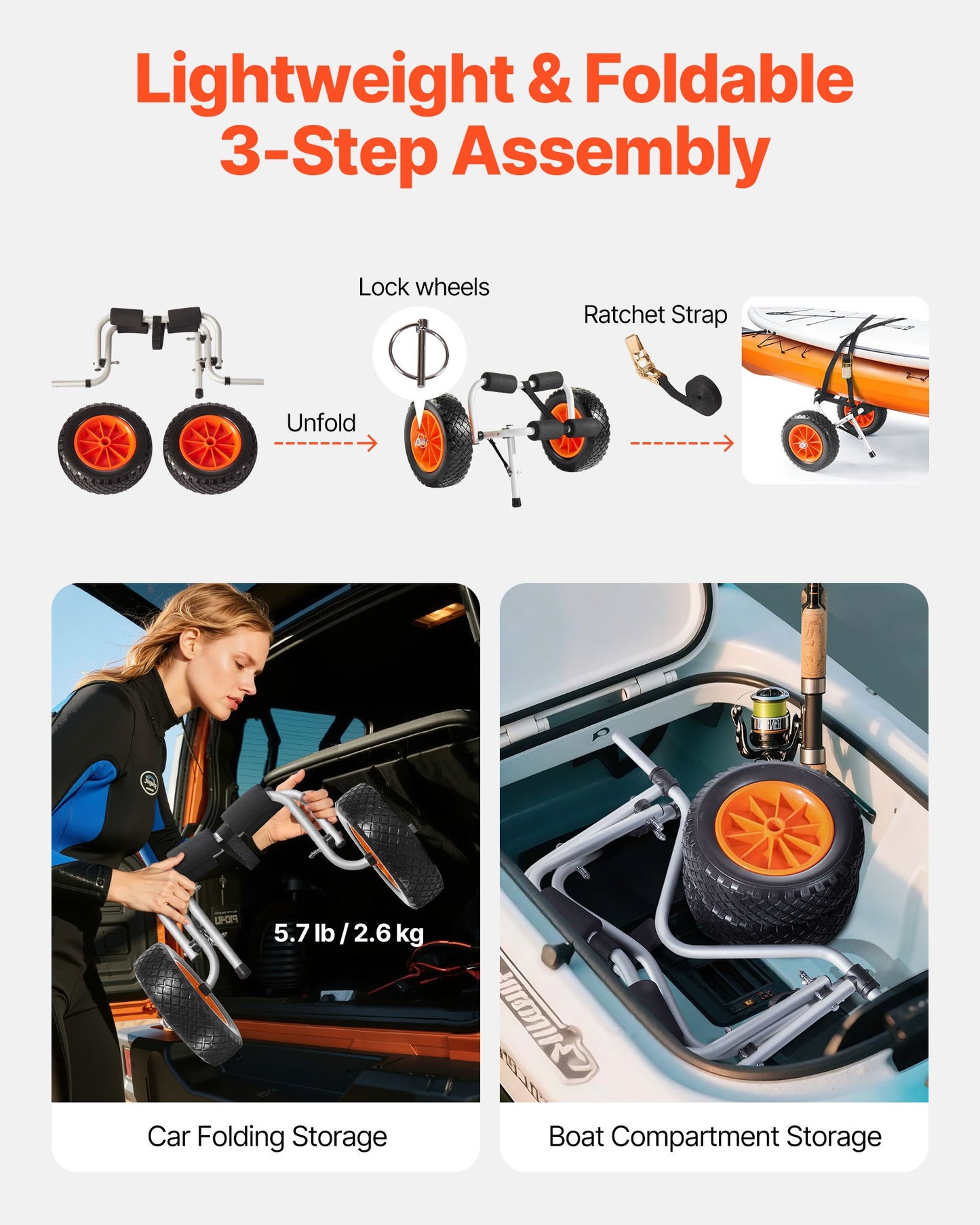 Kayak Cart, 200 lbs Load Capacity, Foldable Kayak Trolley with 10-inch Solid Rubber Tires & 1 Ratchet Strap, Paddle Board Trolley for Carrying Kayaks, Canoes, Paddleboards, Float Mats, Jon Boats