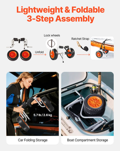 Kayak Cart, 200 lbs Load Capacity, Foldable Kayak Trolley with 10-inch Solid Rubber Tires & 1 Ratchet Strap, Paddle Board Trolley for Carrying Kayaks, Canoes, Paddleboards, Float Mats, Jon Boats