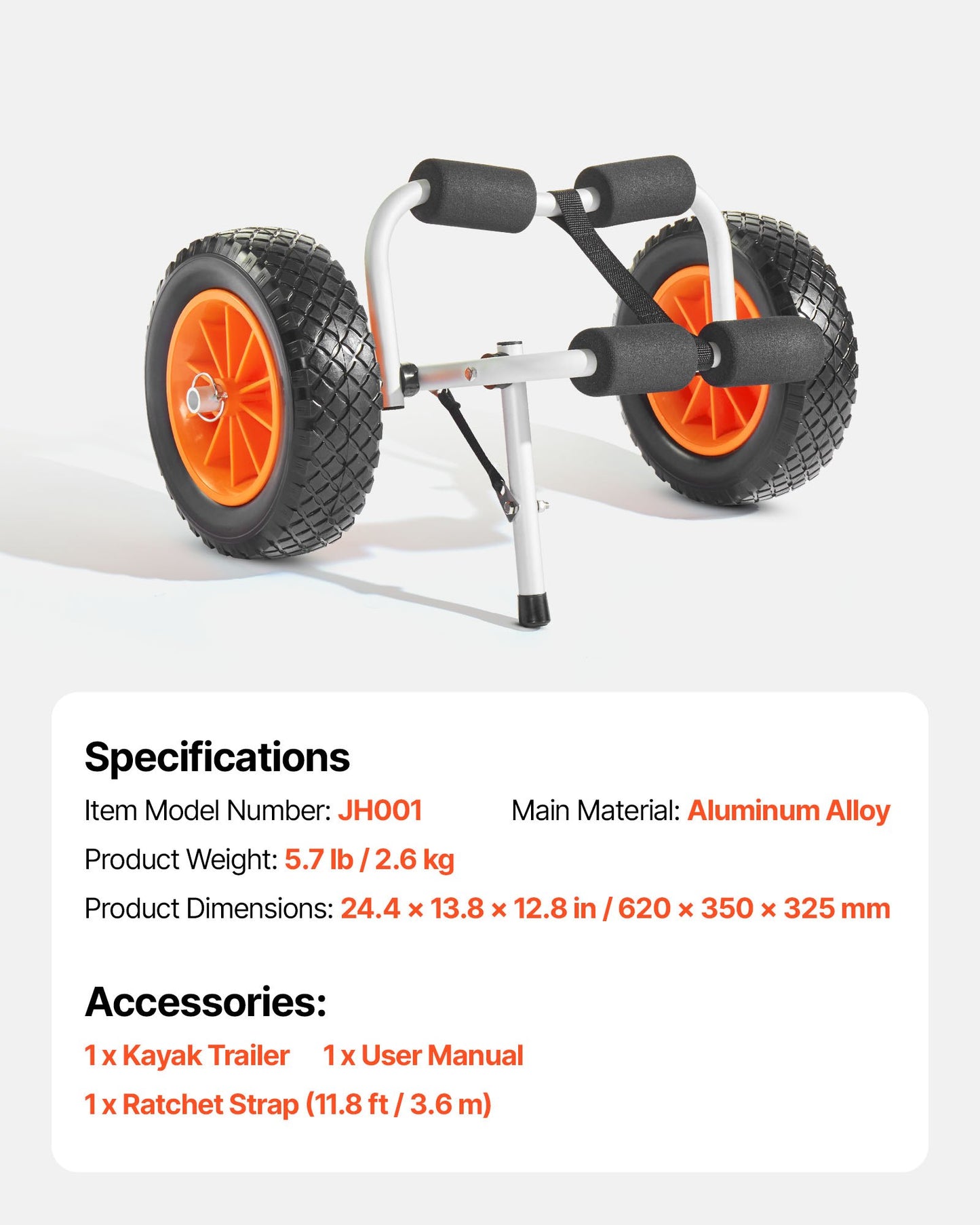 Kayak Cart, 200 lbs Load Capacity, Foldable Kayak Trolley with 10-inch Solid Rubber Tires & 1 Ratchet Strap, Paddle Board Trolley for Carrying Kayaks, Canoes, Paddleboards, Float Mats, Jon Boats