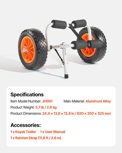 Kayak Cart, 200 lbs Load Capacity, Foldable Kayak Trolley with 10-inch Solid Rubber Tires & 1 Ratchet Strap, Paddle Board Trolley for Carrying Kayaks, Canoes, Paddleboards, Float Mats, Jon Boats