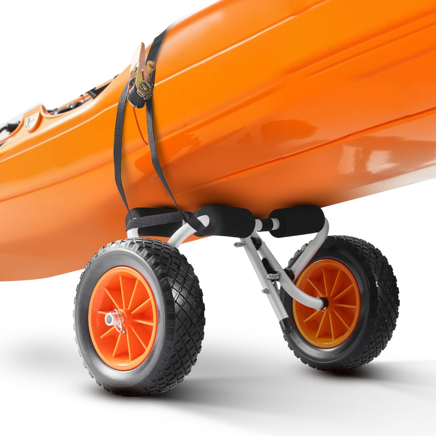 Kayak Cart, 200 lbs Load Capacity, Foldable Kayak Trolley with 10-inch Solid Rubber Tires & 1 Ratchet Strap, Paddle Board Trolley for Carrying Kayaks, Canoes, Paddleboards, Float Mats, Jon Boats