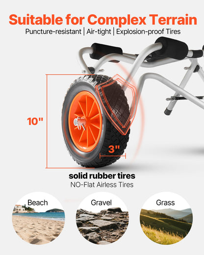 Kayak Cart, 250 lbs Load Capacity, Foldable Kayak Trolley with 10-inch Solid Rubber Tires & 1 Ratchet Strap, Paddle Board Trolley for Carrying Kayaks, Canoes, Paddleboards, Float Mats, Jon Boats