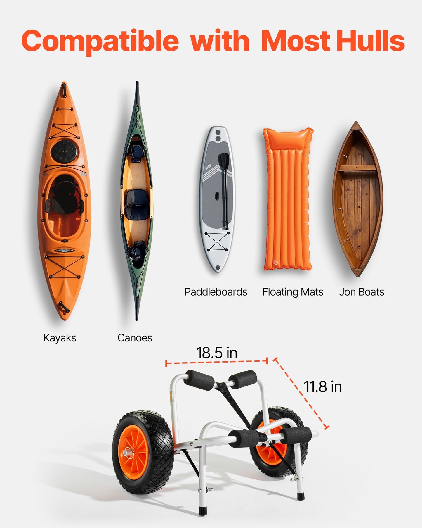 Kayak Cart, 250 lbs Load Capacity, Foldable Kayak Trolley with 10-inch Solid Rubber Tires & 1 Ratchet Strap, Paddle Board Trolley for Carrying Kayaks, Canoes, Paddleboards, Float Mats, Jon Boats