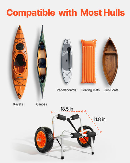 Kayak Cart, 250 lbs Load Capacity, Foldable Kayak Trolley with 10-inch Solid Rubber Tires & 1 Ratchet Strap, Paddle Board Trolley for Carrying Kayaks, Canoes, Paddleboards, Float Mats, Jon Boats