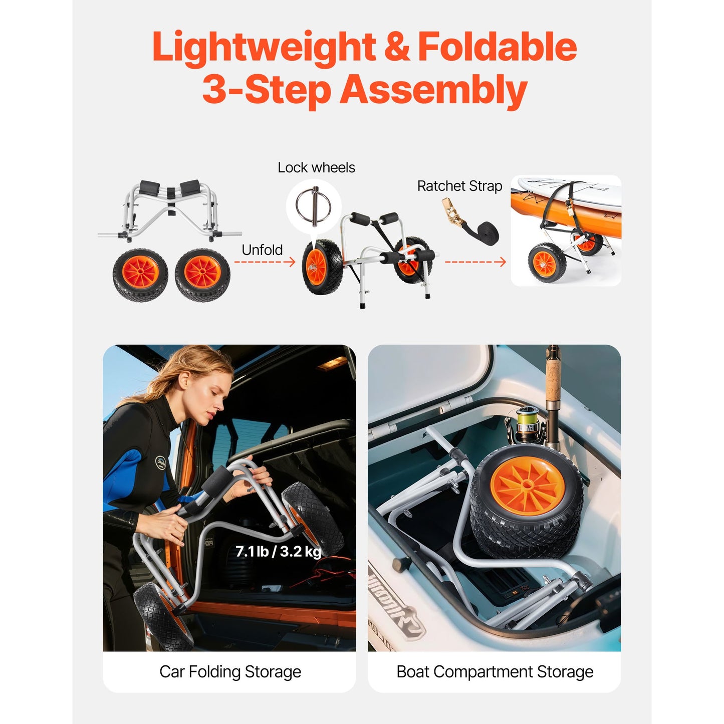 Kayak Cart, 250 lbs Load Capacity, Foldable Kayak Trolley with 10-inch Solid Rubber Tires & 1 Ratchet Strap, Paddle Board Trolley for Carrying Kayaks, Canoes, Paddleboards, Float Mats, Jon Boats