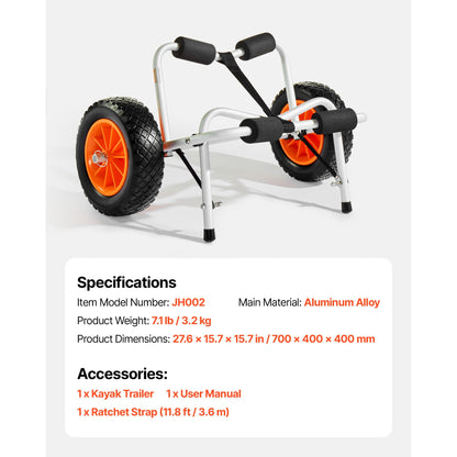 Kayak Cart, 250 lbs Load Capacity, Foldable Kayak Trolley with 10-inch Solid Rubber Tires & 1 Ratchet Strap, Paddle Board Trolley for Carrying Kayaks, Canoes, Paddleboards, Float Mats, Jon Boats