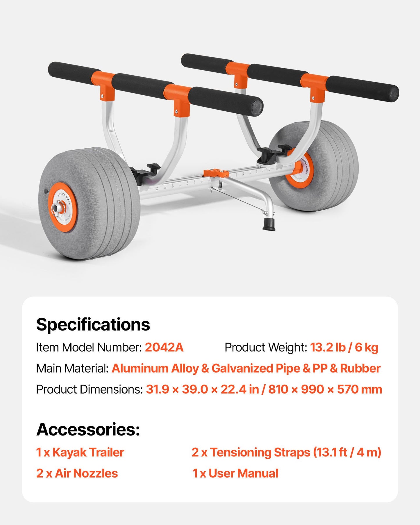 Kayak Cart, 350 lbs Load Capacity, Kayak Trolley with 12-inch Inflatable PU Tires & 2 Straps, Assembles & Disassembles Within Seconds, Paddle Board Trolley for Carrying Kayaks and Canoes