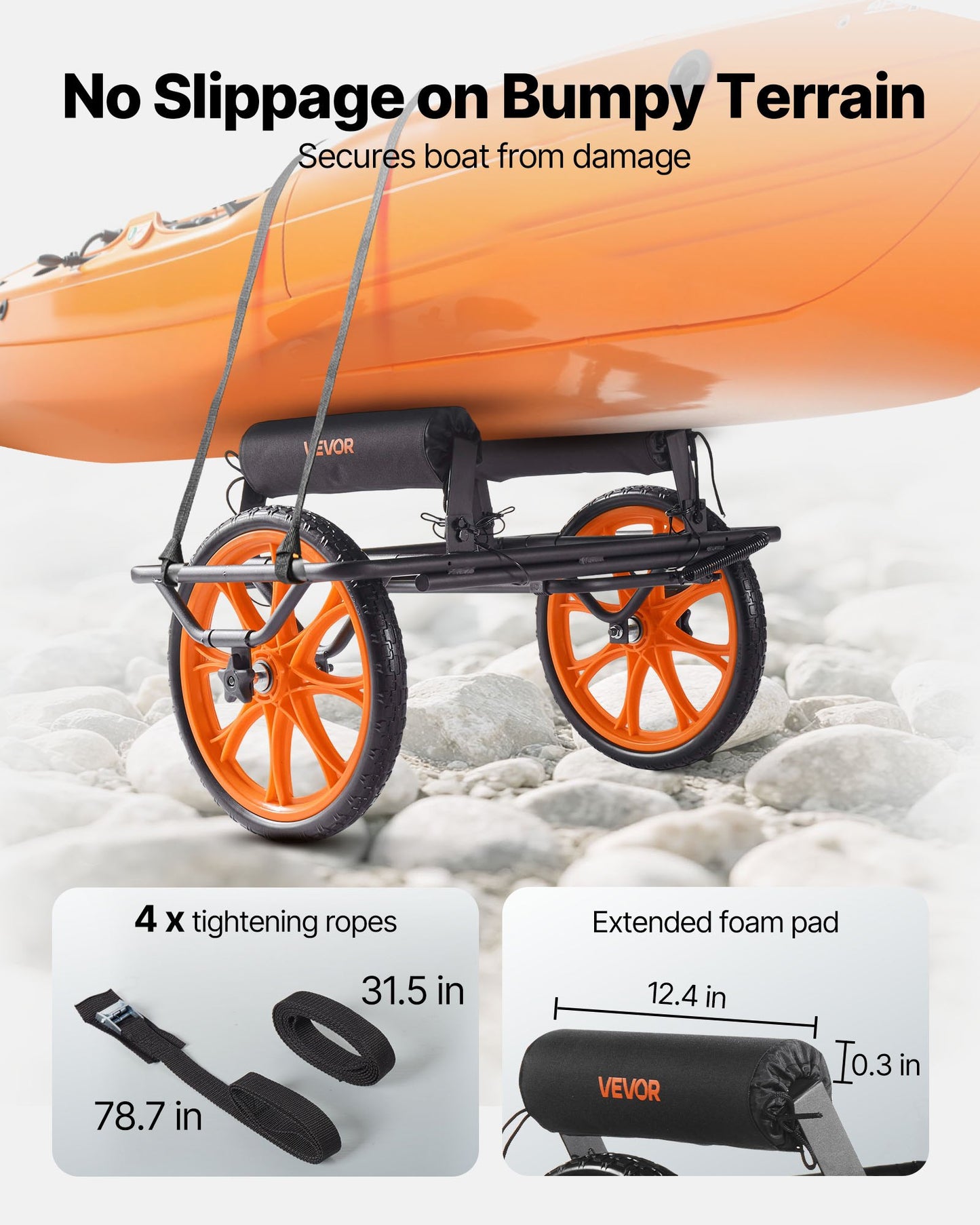 Kayak Cart, 330 lbs Load Capacity, Canoe Cart Dolly with 15-inch Solid Rubber Tires & Kickstand, Assembles & Disassembles Within Seconds, Paddle Board Trolley for Kayaks, Canoes, Paddleboards