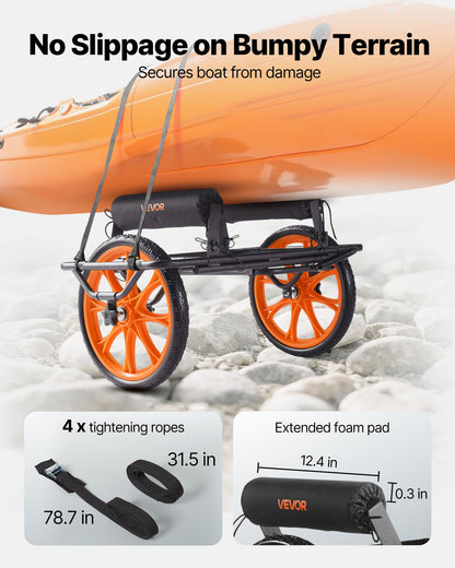 Kayak Cart, 330 lbs Load Capacity, Canoe Cart Dolly with 15-inch Solid Rubber Tires & Kickstand, Assembles & Disassembles Within Seconds, Paddle Board Trolley for Kayaks, Canoes, Paddleboards