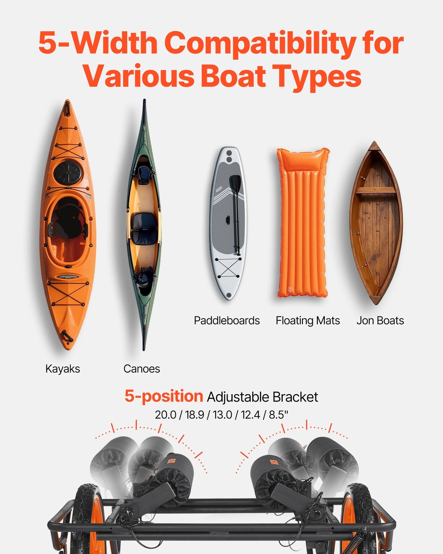 Kayak Cart, 330 lbs Load Capacity, Canoe Cart Dolly with 15-inch Solid Rubber Tires & Kickstand, Assembles & Disassembles Within Seconds, Paddle Board Trolley for Kayaks, Canoes, Paddleboards