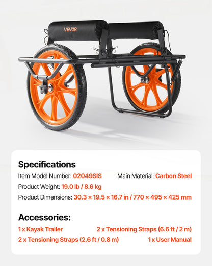 Kayak Cart, 330 lbs Load Capacity, Canoe Cart Dolly with 15-inch Solid Rubber Tires & Kickstand, Assembles & Disassembles Within Seconds, Paddle Board Trolley for Kayaks, Canoes, Paddleboards