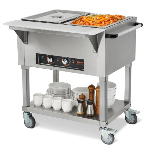 2-Pan Commercial Food Warmer, 2 x 20.6QT Electric Steam Table, 1000W Professional Buffet Catering Food Warmer with 4 Wheels (2 Lockable), Food Grade Stainless Steel Server for Party Restaurant