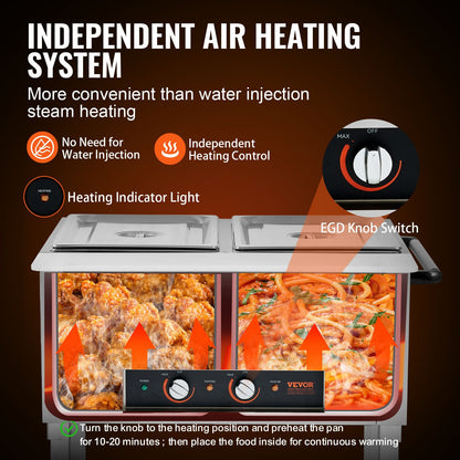 2-Pan Commercial Food Warmer, 2 x 20.6QT Electric Steam Table, 1000W Professional Buffet Catering Food Warmer with 4 Wheels (2 Lockable), Food Grade Stainless Steel Server for Party Restaurant