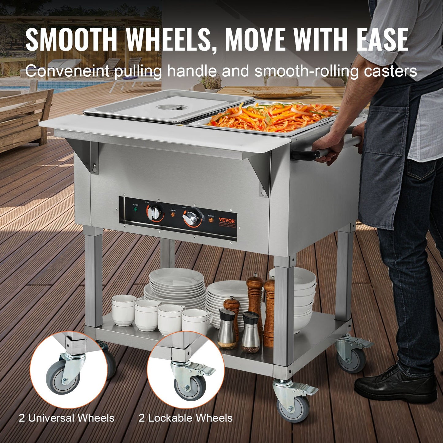 2-Pan Commercial Food Warmer, 2 x 20.6QT Electric Steam Table, 1000W Professional Buffet Catering Food Warmer with 4 Wheels (2 Lockable), Food Grade Stainless Steel Server for Party Restaurant