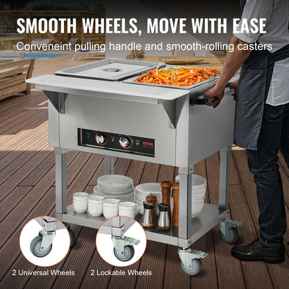2-Pan Commercial Food Warmer, 2 x 20.6QT Electric Steam Table, 1000W Professional Buffet Catering Food Warmer with 4 Wheels (2 Lockable), Food Grade Stainless Steel Server for Party Restaurant