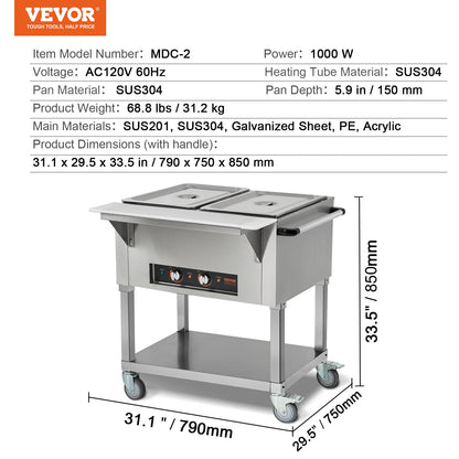 2-Pan Commercial Food Warmer, 2 x 20.6QT Electric Steam Table, 1000W Professional Buffet Catering Food Warmer with 4 Wheels (2 Lockable), Food Grade Stainless Steel Server for Party Restaurant
