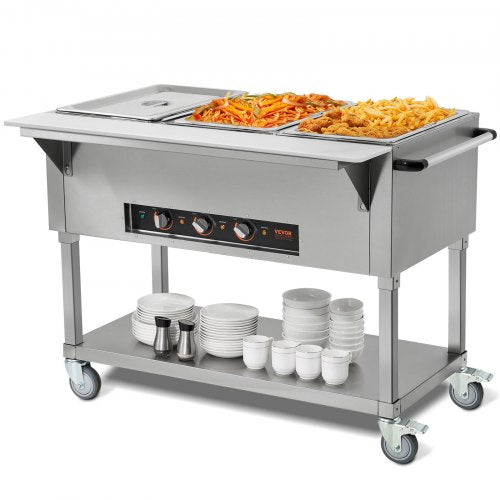3-Pan Commercial Food Warmer, 3 x 20.6QT Electric Warm Table, 1500W Professional Buffet Catering Food Warmer with 4 Wheels (2 Lockable), Food Grade Stainless Steel Server for Party Restaurant