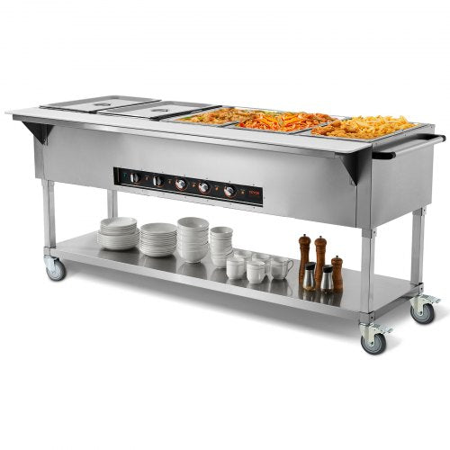 5-Pan Commercial Food Warmer, 5 x 20.6QT Electric Steam Table, 3750W Professional Buffet Catering Food Warmer with 4 Wheels (2 Lockable), Food Grade Stainless Steel Server for Party Restaurant