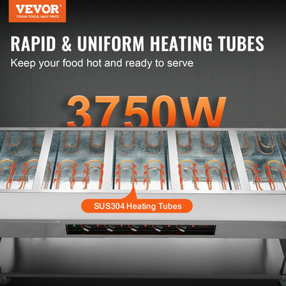 5-Pan Commercial Food Warmer, 5 x 20.6QT Electric Steam Table, 3750W Professional Buffet Catering Food Warmer with 4 Wheels (2 Lockable), Food Grade Stainless Steel Server for Party Restaurant