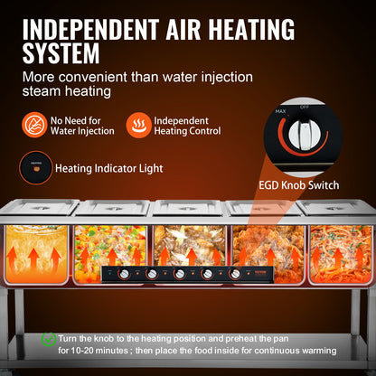 5-Pan Commercial Food Warmer, 5 x 20.6QT Electric Steam Table, 3750W Professional Buffet Catering Food Warmer with 4 Wheels (2 Lockable), Food Grade Stainless Steel Server for Party Restaurant