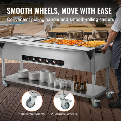 5-Pan Commercial Food Warmer, 5 x 20.6QT Electric Steam Table, 3750W Professional Buffet Catering Food Warmer with 4 Wheels (2 Lockable), Food Grade Stainless Steel Server for Party Restaurant