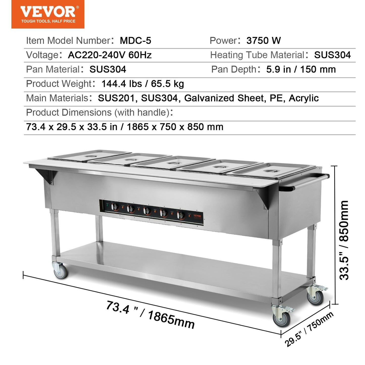 5-Pan Commercial Food Warmer, 5 x 20.6QT Electric Steam Table, 3750W Professional Buffet Catering Food Warmer with 4 Wheels (2 Lockable), Food Grade Stainless Steel Server for Party Restaurant