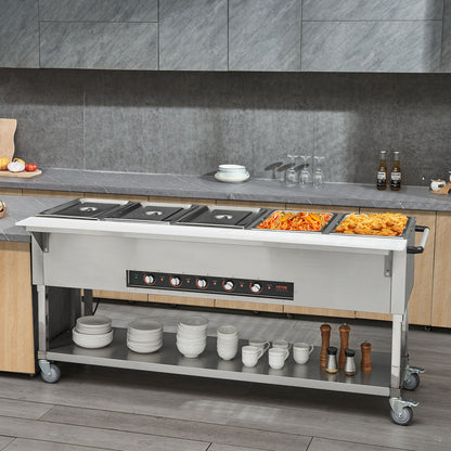 5-Pan Commercial Food Warmer, 5 x 20.6QT Electric Steam Table, 3750W Professional Buffet Catering Food Warmer with 4 Wheels (2 Lockable), Food Grade Stainless Steel Server for Party Restaurant