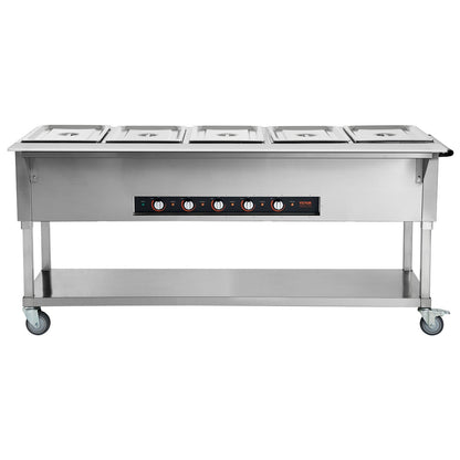 5-Pan Commercial Food Warmer, 5 x 20.6QT Electric Steam Table, 3750W Professional Buffet Catering Food Warmer with 4 Wheels (2 Lockable), Food Grade Stainless Steel Server for Party Restaurant