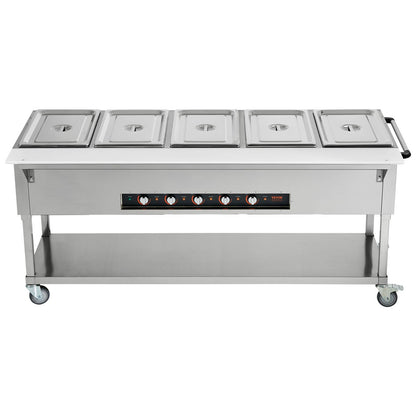 5-Pan Commercial Food Warmer, 5 x 20.6QT Electric Steam Table, 3750W Professional Buffet Catering Food Warmer with 4 Wheels (2 Lockable), Food Grade Stainless Steel Server for Party Restaurant
