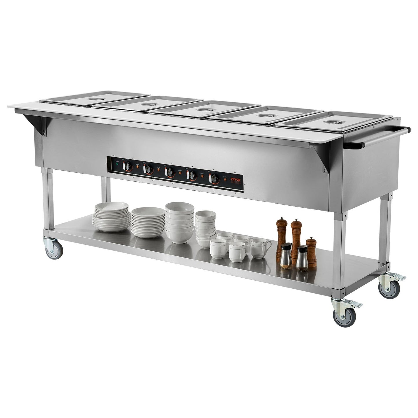 5-Pan Commercial Food Warmer, 5 x 20.6QT Electric Steam Table, 3750W Professional Buffet Catering Food Warmer with 4 Wheels (2 Lockable), Food Grade Stainless Steel Server for Party Restaurant